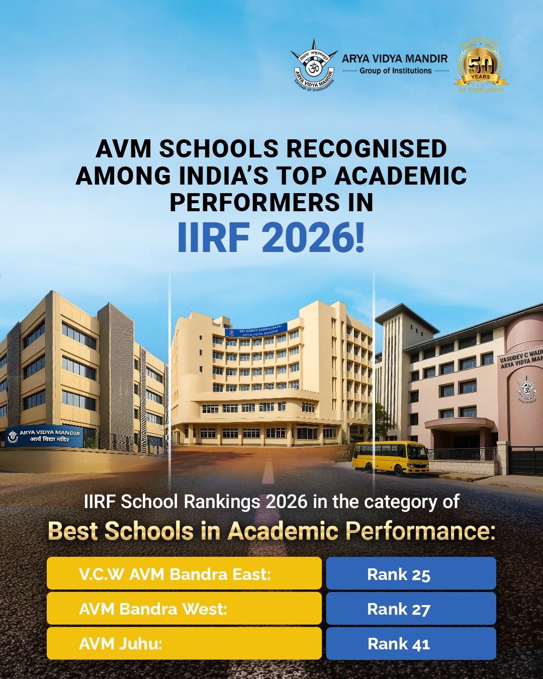 AVM Schools Shine in IIRF School Rankings 2026
