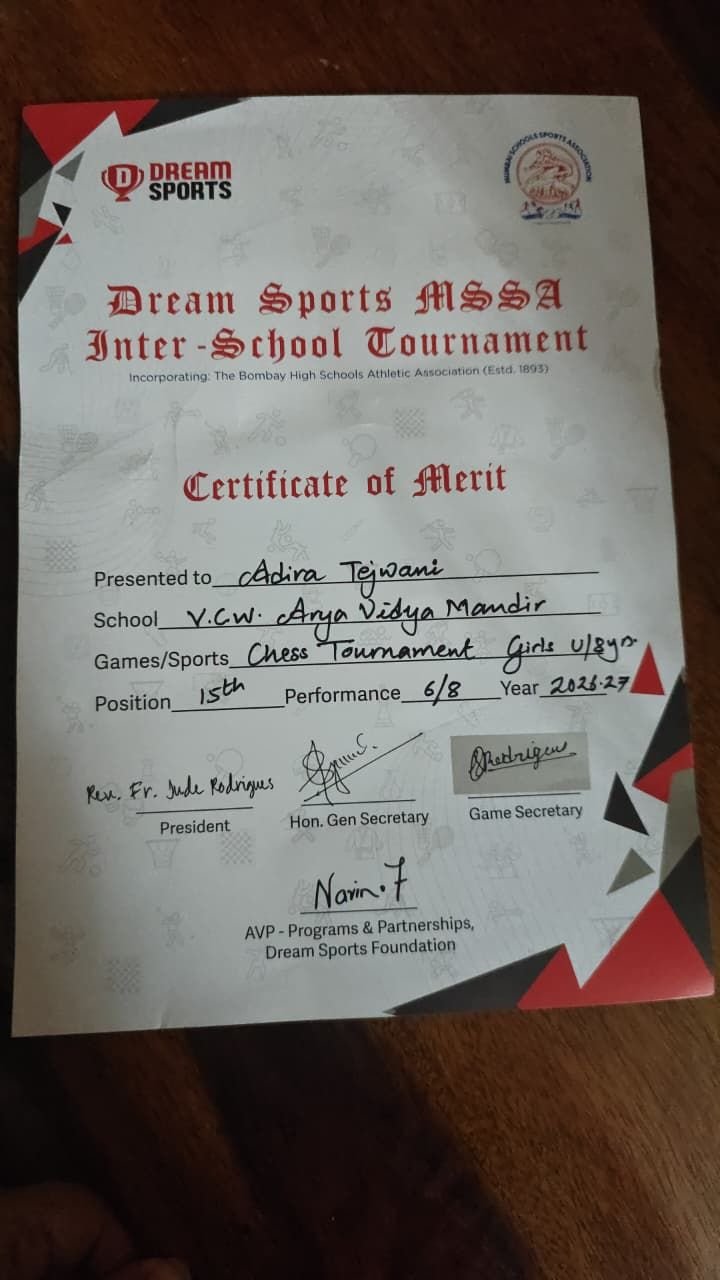 Adira Tejwani Shines Among the Top 20 at MSSA Chess Tournament!